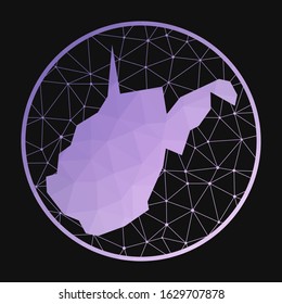 West Virginia icon. Vector polygonal map of the US state. West Virginia icon in geometric style. The US state map with purple low poly gradient on dark background.