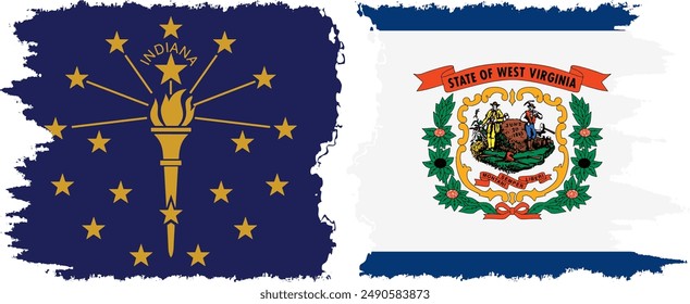 West Virginia and Indiana states grunge brush flags connection, vector