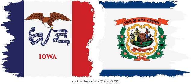 West Virginia and Iowa states grunge brush flags connection, vector