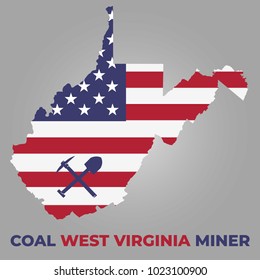 West Virginia Map With Coal Miner Logo And USA Flag