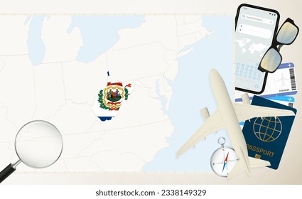 West Virginia map and flag, cargo plane on the detailed map of West Virginia with flag, passport, magnifying glass and airplane. Vector template.