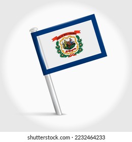 West Virginia map pin flag icon. Pennant map marker on a metal needle. 3D realistic vector illustration.
