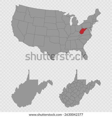 West Virginia map set with USA location, clean outline, and full county breakdown.