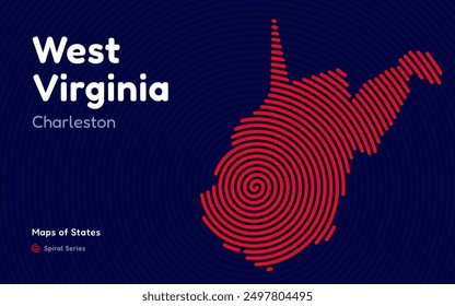 West Virginia Map in Spiral Formation: Charleston Takes Center Stage. Fingerprint and stripes pattern. American states maps.