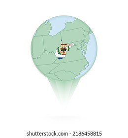 West Virginia map, stylish location icon with West Virginia map and flag. Green pin icon.