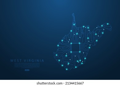 West Virginia Map - United States of America Map vector with Abstract futuristic circuit board. High-tech technology mash line and point scales on dark background - Vector illustration ep 10