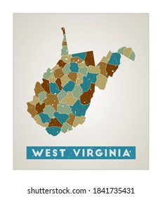 West Virginia map. US state poster with regions. Old grunge texture. Shape of West Virginia with US state name. Appealing vector illustration.