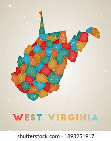 West Virginia map. US state poster with colored regions. Old grunge texture. Vector illustration of West Virginia with US state name.