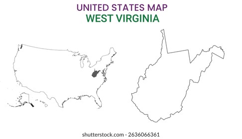 Mapa da Virgínia Ocidental do estado dos EUA. Ilustração vetorial do mapa da Virgínia Ocidental. Mapa vetorial da Virgínia Ocidental sobre fundo branco.