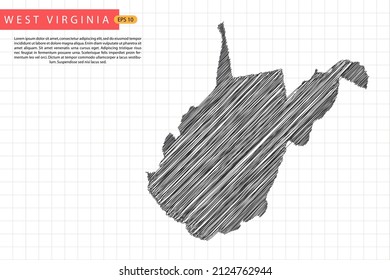 West Virginia Map - USA, United States of America Map template with black outline graphic sketch and old school style isolated on white grid background - Vector illustration eps 10