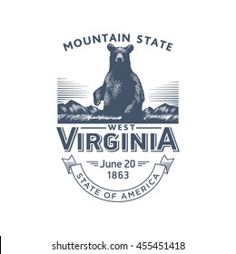 West Virginia Mountain State, stylized emblem of the state of America, bear, black, blue color