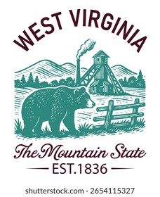 West Virginia The Mountain State - Estados Unidos Cityscape T-shirt Vetor, Ícones americanos de referência, Vintage Estados Cityscape Camisa, Retro Travel City Art, Estados Citações de referência, Estado de férias ilustração