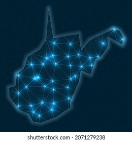 West Virginia Netzwerkkarte. Abstrakte geometrische Karte des uns-Zustands. Digitale Verbindungen und Telekommunikationsdesign. Glühendes Internet-Netzwerk. Tolle Vektorgrafik.