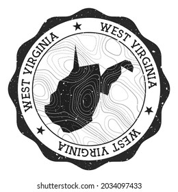 West Virginia outdoor stamp. Round sticker with map of US state with topographic isolines. Vector illustration. Can be used as insignia, logotype, label, sticker or badge of West Virginia.