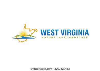 West Virginia outline map logo design with mountain sunrise river lake icon symbol