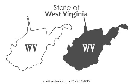 West Virginia. The outline and silhouette of the state with the abbreviated abbreviation of the name. The state border. A template for the design of printed products
