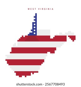 West Virginia pixel flag map icon. 8 bit pixel art map covered with american flag. Flat vector illustration isolated on white background.