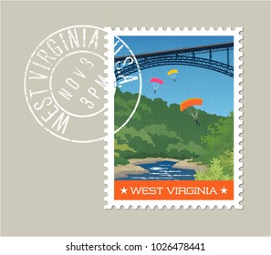Diseño del sello postal de Virginia Occidental. Ilustración vectorial de los saltadores de paracaídas fuera del puente de la garganta del río. Grunge la marca postal en una capa separada.