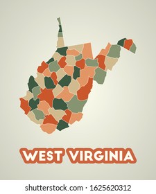 West Virginia poster in retro style. Map of the us state with regions in autumn color palette. Shape of West Virginia with us state name. Elegant vector illustration.