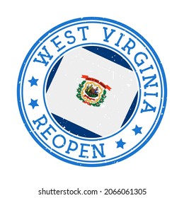 West Virginia Reopening Stamp. Round badge of US State with flag of West Virginia. Reopening after lockdown sign. Vector illustration.