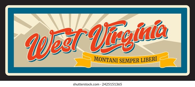 West Virginia retro travel plate, American state vintage vector banner, Montani Semper Liberi lettering. Vector sign for travel destination, antique signboard, touristic landmark plaque