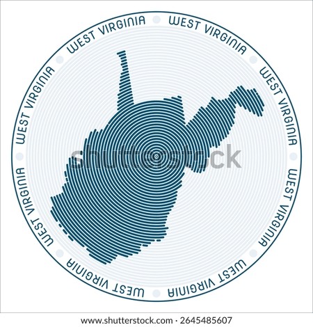 West Virginia round logo design. State shape built of rings. West Virginia text around the state. Vector illustration.
