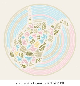 West Virginia Round Poster. Typography style image of State. Counties word clouds of West Virginia. Vintage image design with scratch texture.