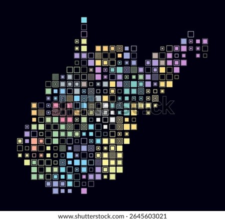 West Virginia, shape of the state build of colored cells. Digital style map of the West Virginia on dark background. Large size square blocks. Classy vector illustration.