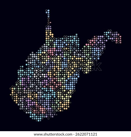 West Virginia, shape of the state built of colored cells. Digital style map of West Virginia on a dark background. Small size circle blocks. Artistic vector illustration.