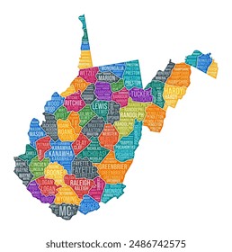 West Virginia shape. State word cloud with county division. West Virginia colored illustration. County names cloud. Vector illustration.