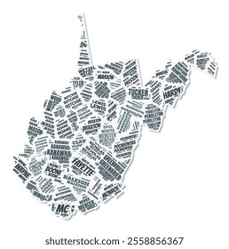 West Virginia shape text cloud. State border with shadow on white background. West Virginia with counties division in vintage gazette style. Classy vector illustration.