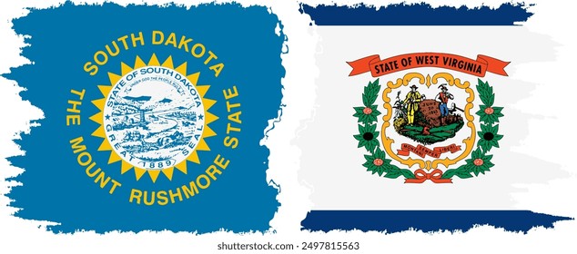 West Virginia and South Dakota states grunge brush flags connection, vector