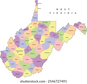 Mapa administrativo do estado da Virgínia Ocidental com condados. Colorido. Vetorizado. Cores brilhantes