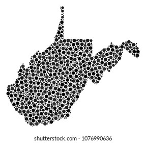 West Virginia State Map collage of round spots in variable sizes. Random round elements are organized into West Virginia State Map mosaic. Vector geography map design concept.