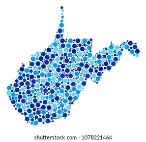 West Virginia State Map collage of dots in various sizes and blue color tints. Random spheric items are grouped into West Virginia State Map mosaic. Vector geographical blue map vector illustration.
