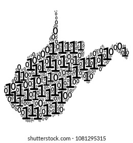 West Virginia State Map collage icon of zero and one symbols in various sizes. Vector digits are composed into West Virginia State Map mosaic design concept.