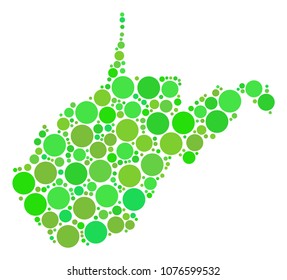 West Virginia State Map composition of random filled circles in various sizes and green color tints. Vector small spheres are united into west virginia state map collage.