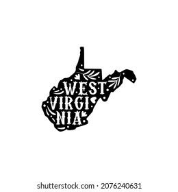 West Virginia state map with doodle decorative ornaments. For printing on souvenirs and T-shirts