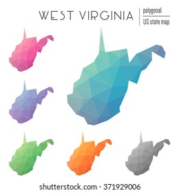 West Virginia state map in geometric polygonal style. Set of West Virginia state maps filled with abstract mosaic, modern design background. Multicolored state map in low poly style.