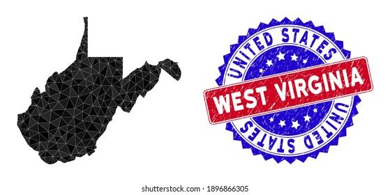 Mapa de malla poligonal del estado de Virginia Occidental con triángulos llenos y marca de agua bicolor de peligro. Mapa del estado de Virginia Occidental del mosaico triangular con modelo de vector de malla, los triángulos tienen tamaños aleatorizados,
