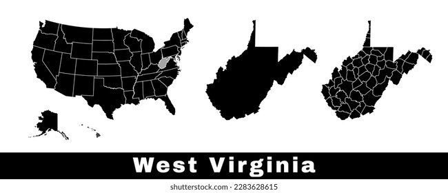 West Virginia state map, USA. Set of West Virginia maps with outline border, counties and US states map. Black and white color vector illustration.