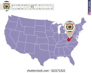 West Virginia State on USA Map. West Virginia flag and map. US States.