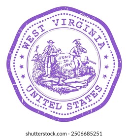 West Virginia state stamp with seal, USA travel stamp, shabby postmark of West Virginia, vector