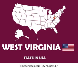 West Virginia state of USA text design with America flag and white silhouette map.
