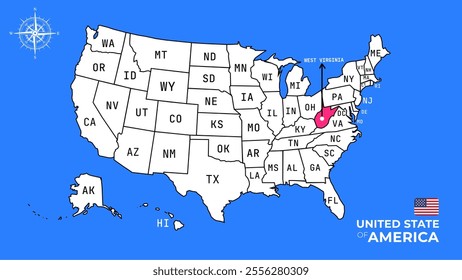 West Virginia State, USA, vector map isolated on United states map.