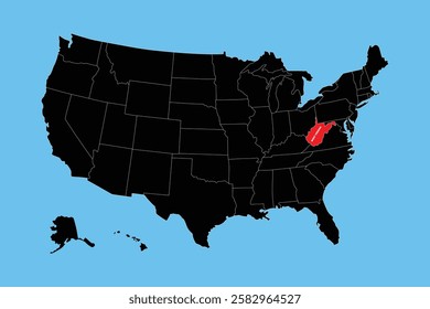 West Virginia State, USA, vector map isolated on United states map. Editable blank vector map of USA.