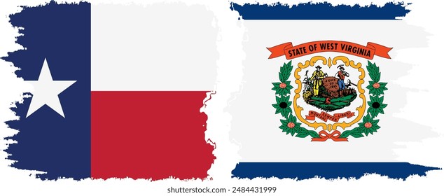 West Virginia and Texas states grunge brush flags connection, vector