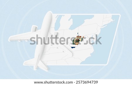 West Virginia Travel Illustration with Plane and National Flag. Ideal for travel agencies, promotional materials, or geographic content related to West Virginia.