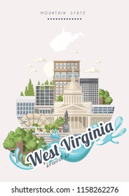 West Virginia travel postcard. USA colorful poster