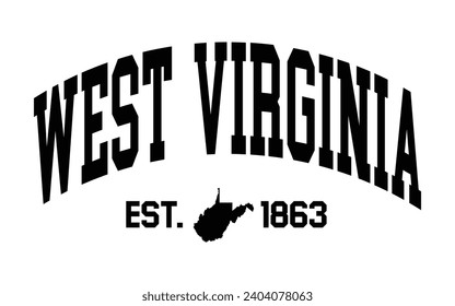 West Virginia Typografie Design mit Karte Vektorgrafik. Bearbeitbare T-Shirt-Design-Druckschrift für College, Vektorgrafik	